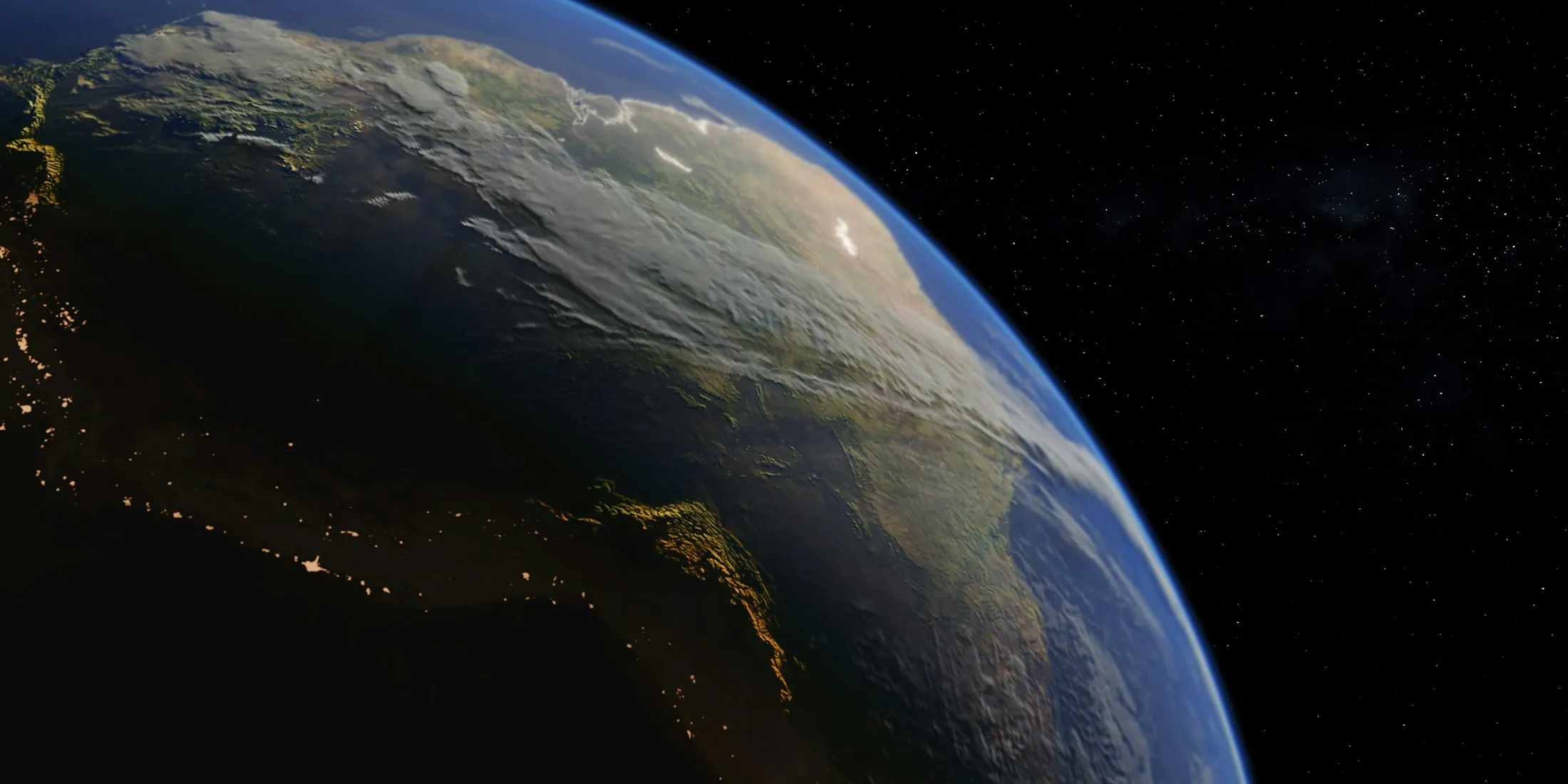 Earth at night showing the glow of cities across the continents