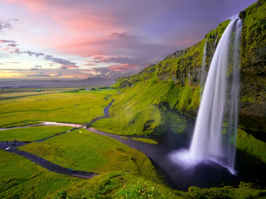 A dramatic waterfall in the Icelandic landscape